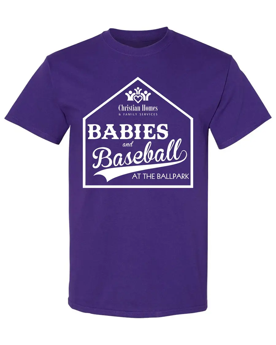 Purple T-shirt with white logo reading 'Babies and Baseball at the Ballpark' and 'Christian Homes & Family Services'