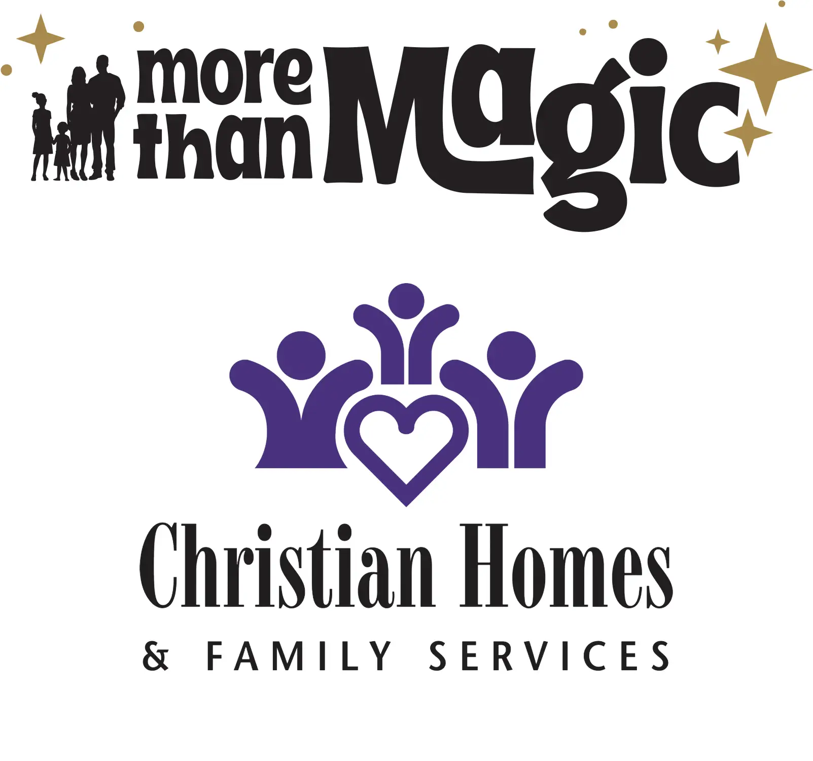 Two logos: the top reads 'more than Magic' with black bold typography and gold stars plus a silhouetted family; the bottom features a blue heart-and-people emblem with 'Christian Homes Family Services' text beneath.